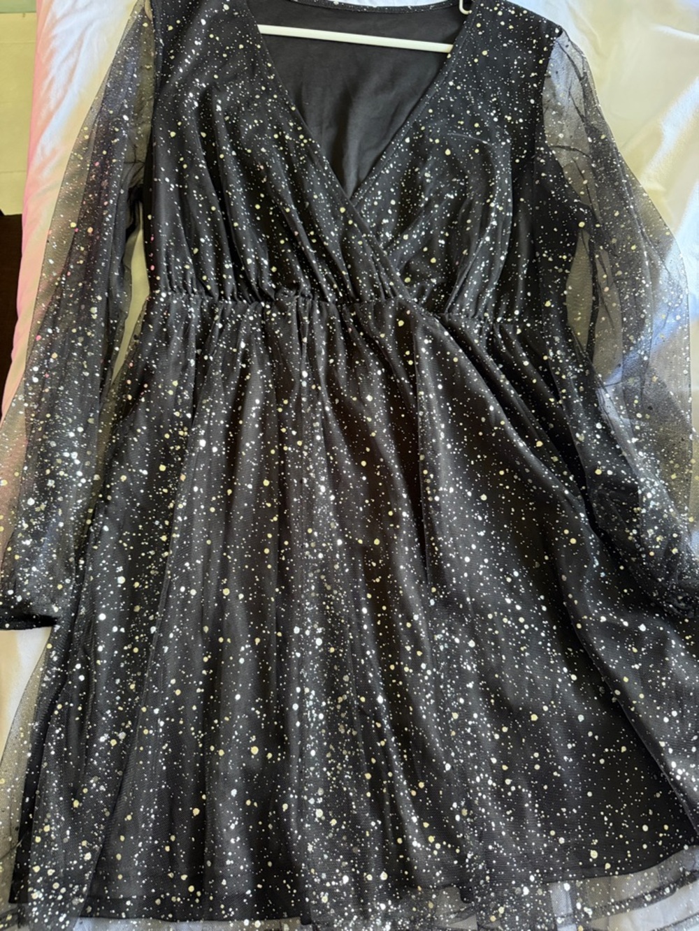 Black Sparkle Mesh Wrap Dress
